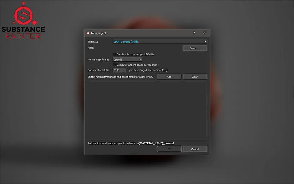 Screenshot aus Substance Painter: Neues Template anlegen